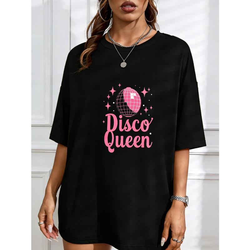 White T Shirt Disco Queen Pink Disco Ball Print Casual Summer Wear