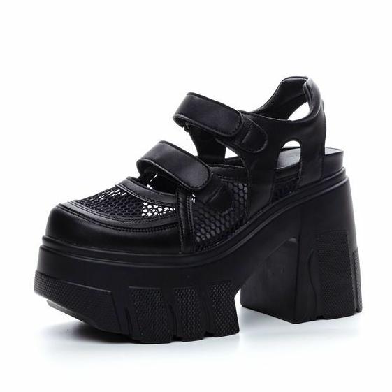 Мода 11 см Воздушная сетка Натуральная кожа Дышащие Туфли-лодочки на крючке Летние Ботильоны Мэри Джейн Сандалии на платформе Массивный каблук Повседневная обувь