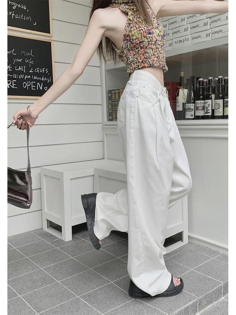 White High-Waist Loose Straight Leg Denim Trousers for Women - Summer 2024 Collection
