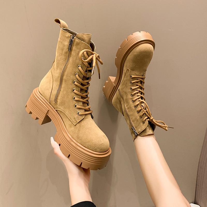 Ботинки Мартина на толстой подошве, увеличивающие рост, женские 2024 новые, в британском стиле, большие желтые ботинки, ретро, рабочие, короткие ботинки на шнуровке, ботинки-локомотивы