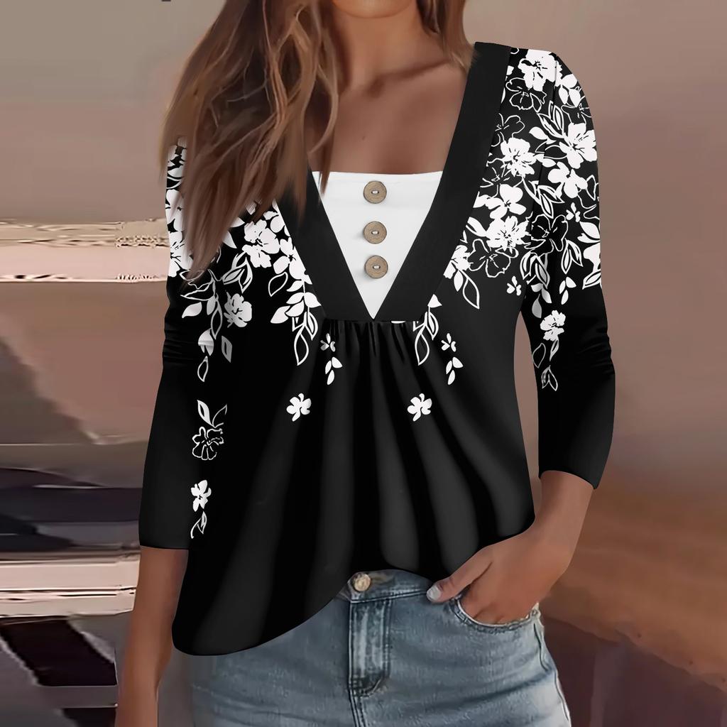 Women's Fashion Casual Long Sleeve Shirt Floral Printed Button V Neck Up Tops