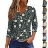 Women's Fashion Casual Flowers Print V-Neck Decorative Button Three-quarter Sleeve T-Shirt Top