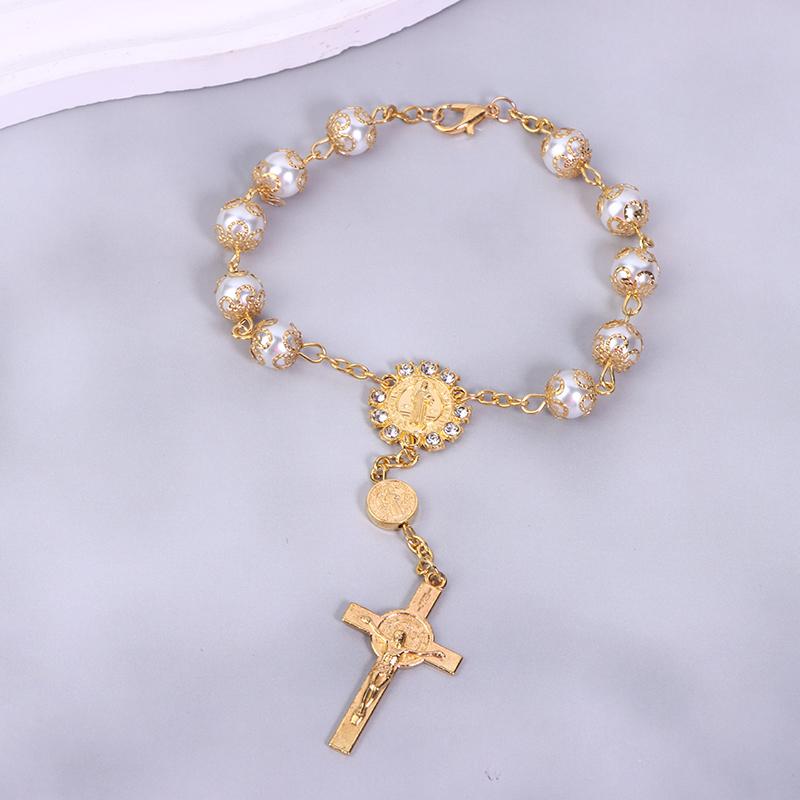 Car Pendant Bling Retro Imitation Pearl Metal Jesus Cross Car Rear View Mirror Hanging Ornament Cross Hanging Decoration