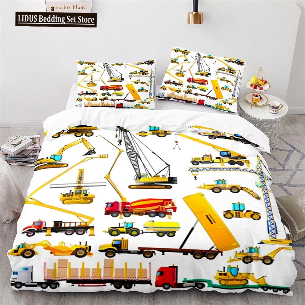 Комплект пододеяльника Digger Мультяшный Грузовик Тяжелой Техники Кран Бетономешалка Экскаватор Трактор Узор Для Ребенка Подростка Полиэстеровый Постельный Комплект