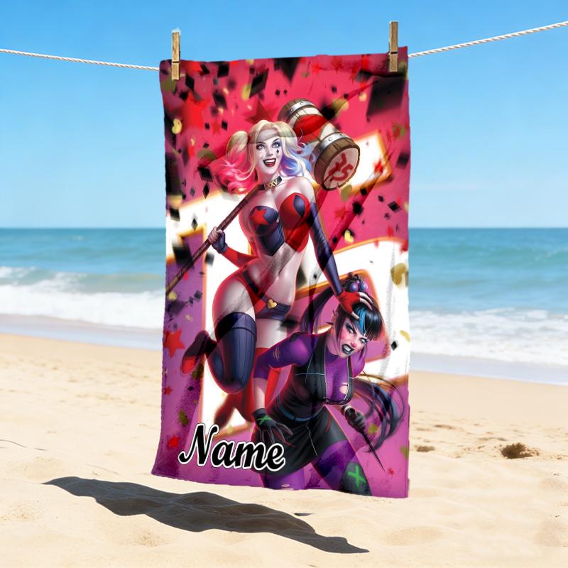 Custom Name Harley Quinn Stylish Digital Printing Beach Towel Quick‑Drying Absorbent Blanket for Beach Pool Gym Travel