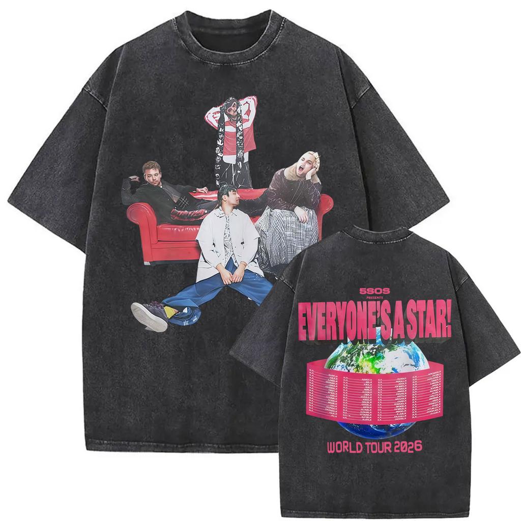 5 Seconds of Summer Everyone's A Star World Tour 2026 Vintage Washed T-shirts Men Women Fashion Hip Hop Gothic Oversized T Shirt