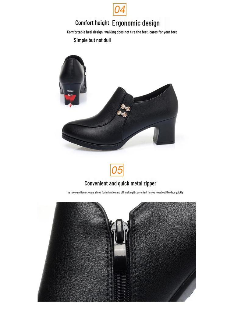 Burgundy Chunky Heel Soft Leather Shoes for Women - Spring & Autumn 2022, Comfortable for Middle-Aged & Elderly