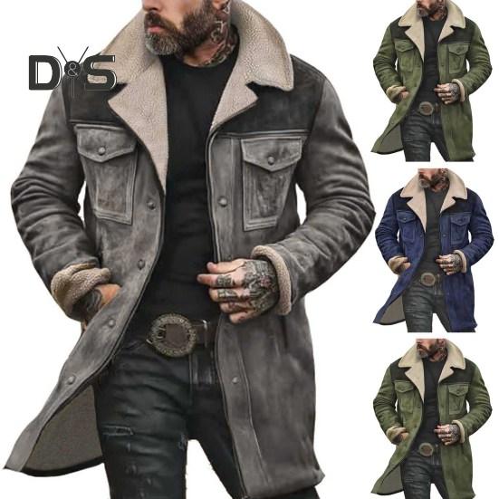 Men Jacket Large Plush Lapel Long Sleeve Vintage Suede Jacket with Pockets Zipper Up Mid-length Motorcycle Coat