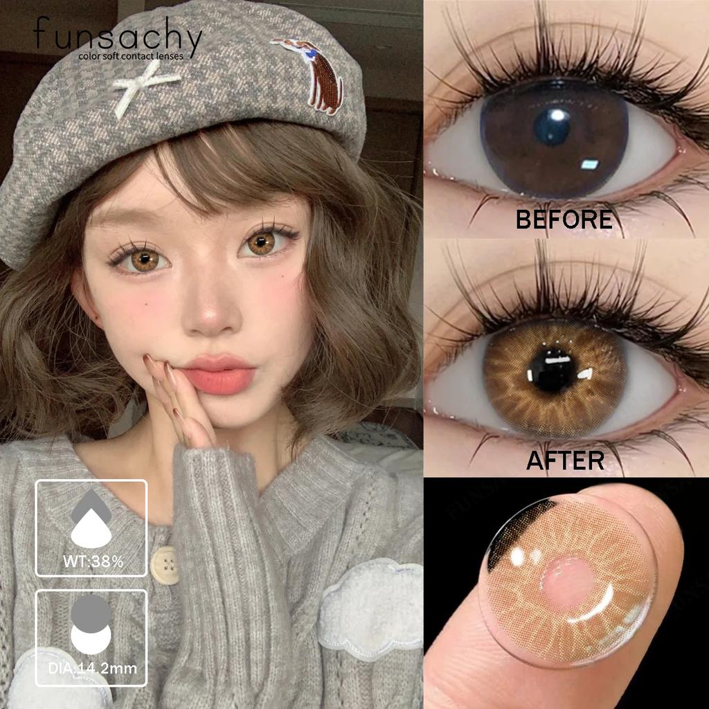 FUNSACHY 1 пара корейских линз, цветные контактные линзы, натуральные линзы для глаз, мягкие голубые линзы для зрачков, новые коричневые косметические средства, годовая цена