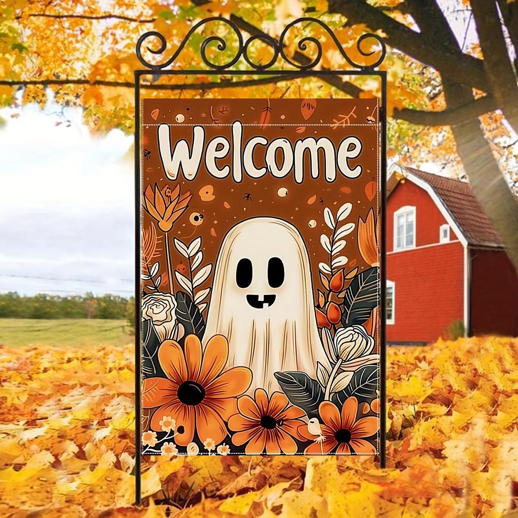 Welcome Halloween Garden Flag - 1pc, Cute Little Ghost Double-Sided Polyester Flag, No-Electricity, for Porch, Patio & Indoor Decor
