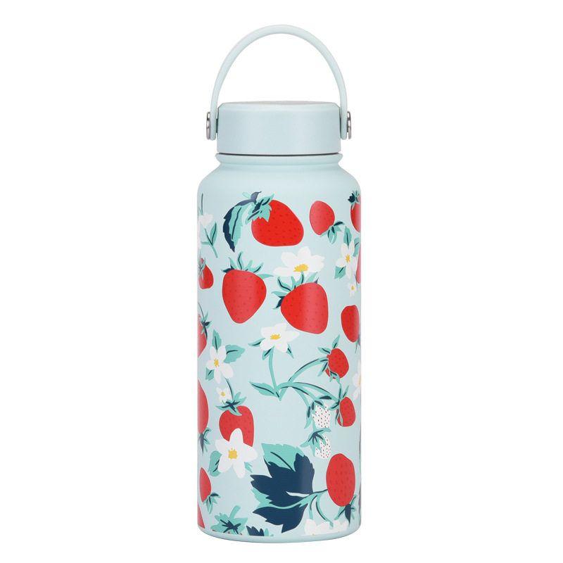 2025 New Model 1L Large Capacity Thermos Cup with Wide Mouth, Portable Handle, Sports Water Bottle, Outdoor Printed Water Cup for Women
