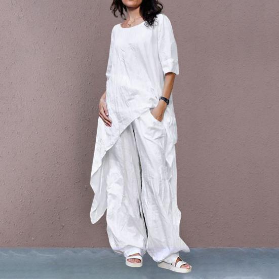 Женский комплект из двух предметов из хлопка и льна, повседневные однотонные рубашки с рукавами 3/4, широкие брюки, костюм для свободной посадки, летняя одежда