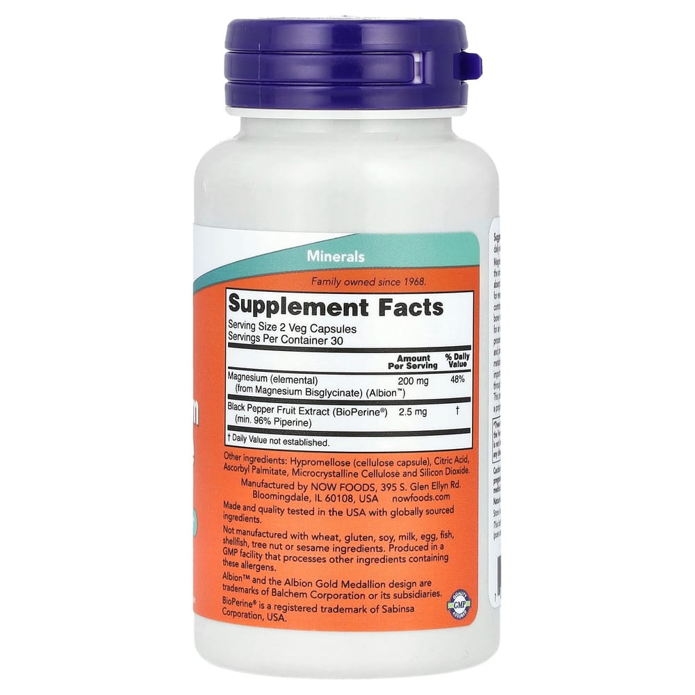 NOW Foods Magnesium Glycinate with BioPerine® Vegetarian Capsules, 60 Count