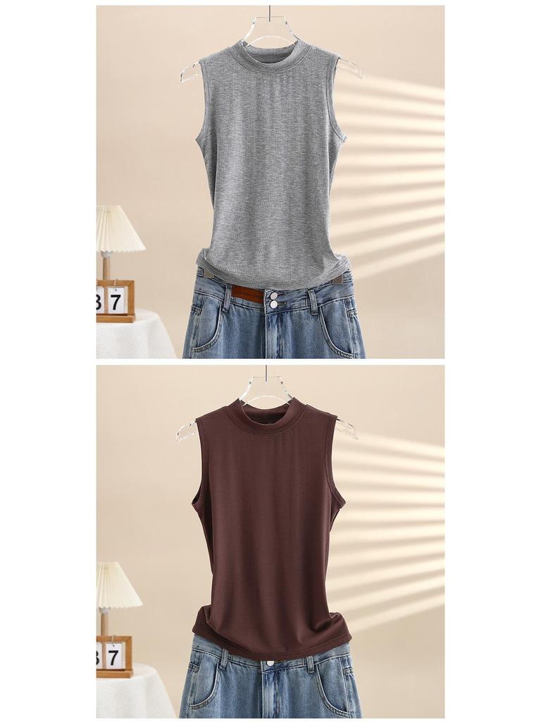 Женский облегающий хлопковый жилет без рукавов с полувысоким воротником - Летний топ однотонной расцветки