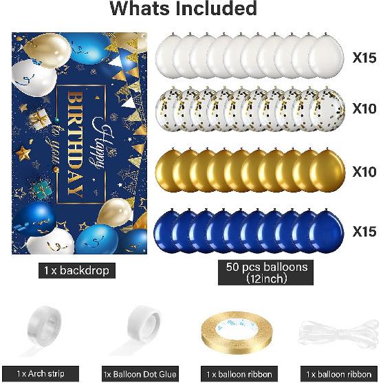 Navy Blue Birthday Confetti Balloons Kit Set 50 Pieces Photography Backdrop Banner Package for Boys Girls Men Women Birthday Party Decorations