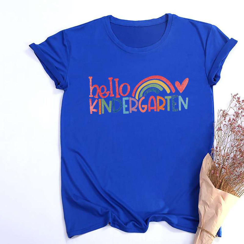 Hello Kindergarten Letter Print Unisexs Tshirt Round Neck Fashion Tee Tops Casual Short Sleeve Teacher T Shirt Teachers Clothes