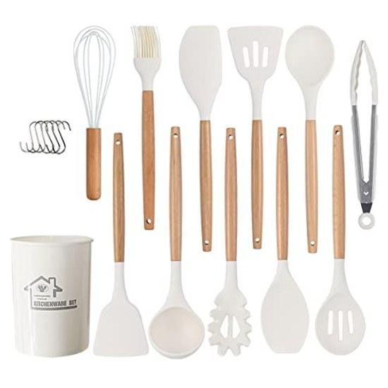 Hiino Kano kitchen tool set cooking utensils 13 pieces 14 heat-resistant silicone wooden handle gentle on pots dishwasher safe spatula ladle