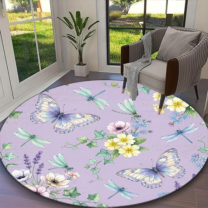 [1pc Floral Dragonfly Butterfly Office Carpet] Easy Maintenance Chair Rug for Conference Room Use, Durable Round Sofa Floor Mat