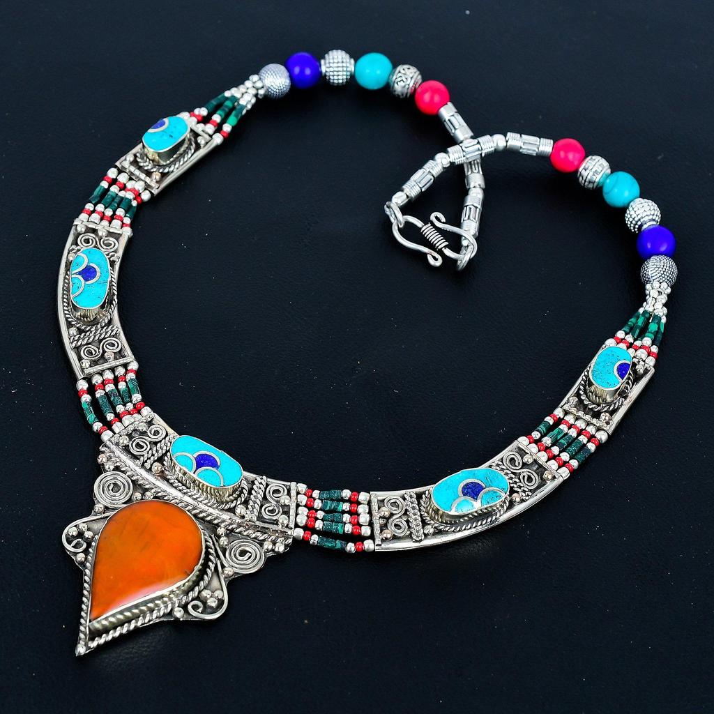 Turquoise, Coral With Lapis Lazuli 925 Sterling Silver Necklace Tibetan Silver Necklace Bohemian Antique Necklace Handmade Jewelry Nepali Necklace