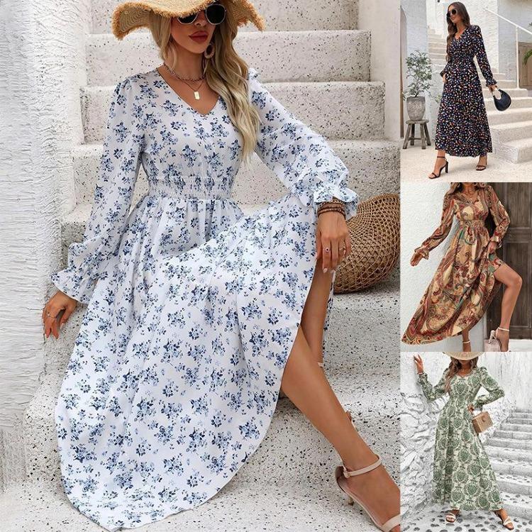 Women Floral Print V-neck Long Sleeve A-Line Dress Spring Summer Casual Elastic High Waist Ankle-Length Dresses