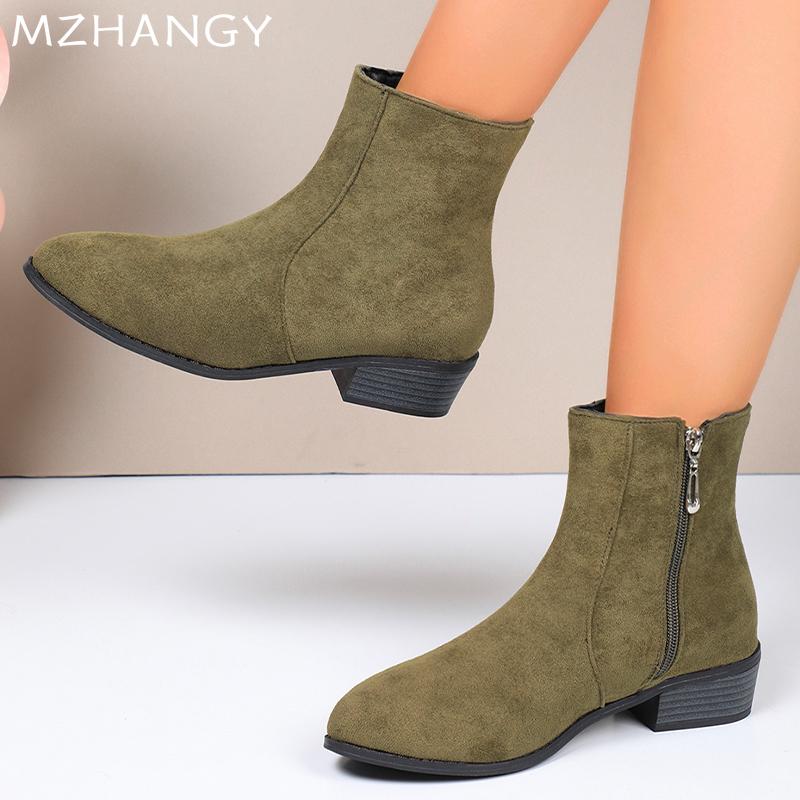 Женские ботильоны из массивной замши, зимние элегантные туфли на среднем каблуке, повседневная женская обувь 2024 года, модные туфли-лодочки для ходьбы в готическом стиле Botas Mujer