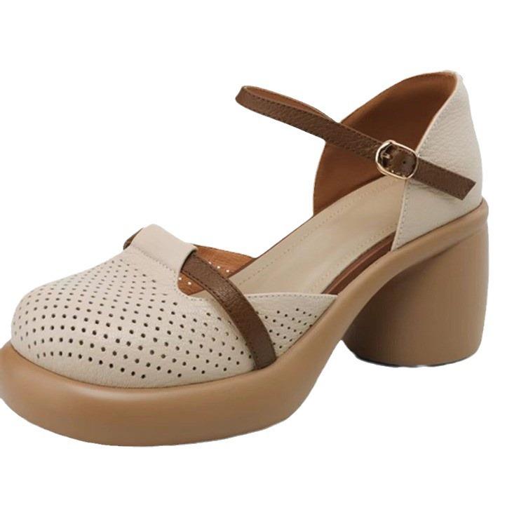 Мягкая кожа/7 см/мода 2025 года, летние винтажные босоножки Мэри Джейн с грубым каблуком и толстой подошвой One Word с мягкой подошвой для женщин