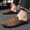 :Fashion Leather Men’s Half Slippers Breathable Mens Casual Shoes Outdoor Men Loafers Lazy Shoes Flats Comfortable Male Sneakers