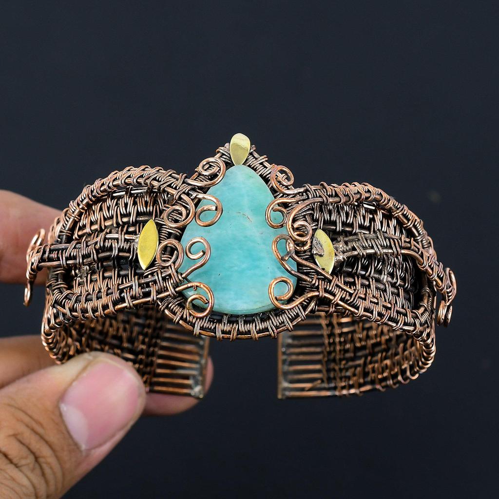 Amazonite Gemstone Handmade Copper Wire Wrap Jewelry Adjustable Bracelet For Women