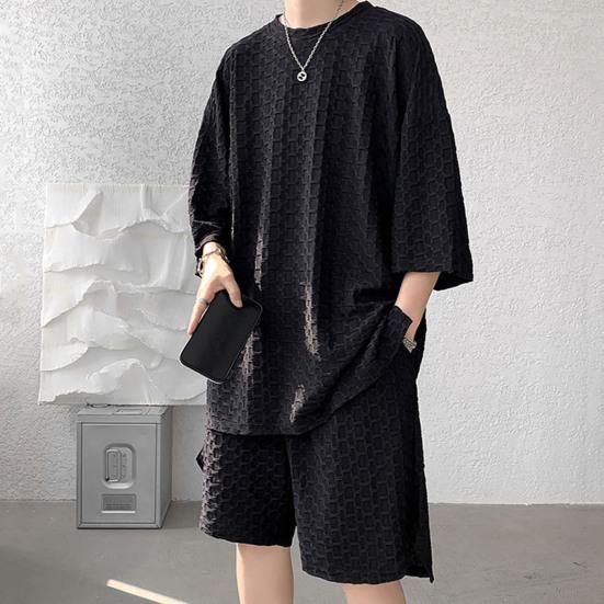 2Pcs/Set Men Casual Outfit O-neck Short Sleeve T-shirt Elastic Waist Pockets Design Wide Leg Shorts Set Solid