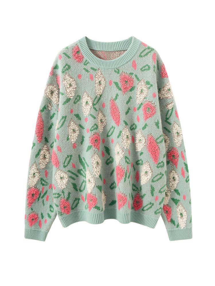 Кашемировый жаккардовый свитер с персиковым цветом, плотный начес, круглый вырез, свободный крой, толстая шерсть.