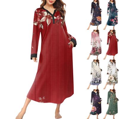 Женская ночная рубашка, модный принт, длинный домашний халат, пижама с V-образным вырезом и карманами, платье