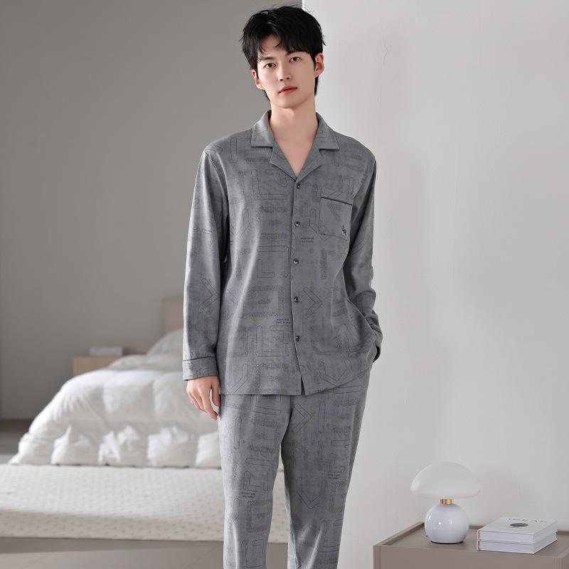 Men'S Pajamas Men'S Spring And Autumn Models, Pure Cotton Long-Sleeved Men'S Autumn Cotton Loungewear Set