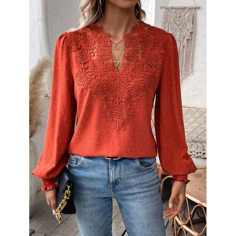 Женский повседневный топ с V-образным вырезом, кружевной, однотонный, с длинным рукавом, Осень/Зима 2026, Европа