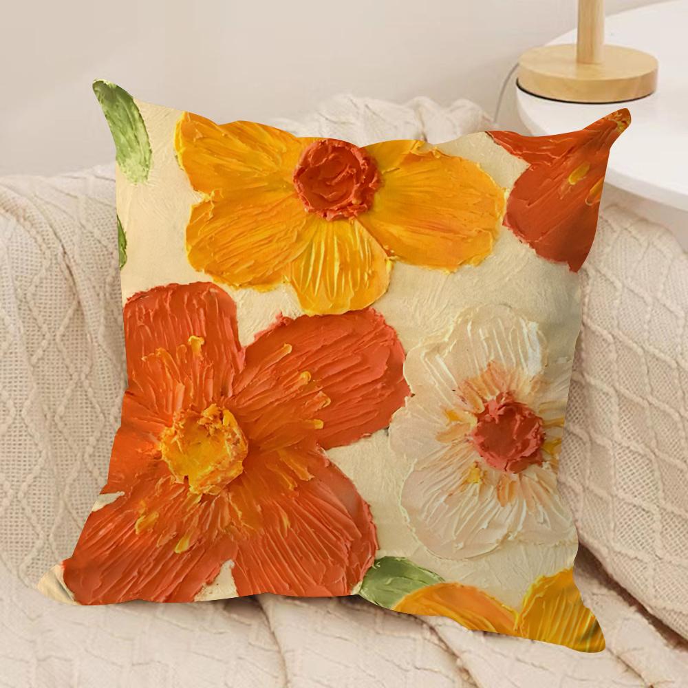 Oil painting flowers Cushion Cover Short plush Doublesided Print Square Throw Pillow Covers Sofa Home Cushion Decor