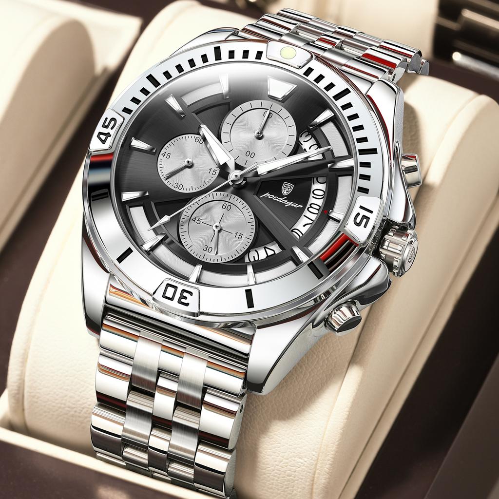 Steel Strap Business Watch Luminous Hands Waterproof Chronograph Calendar Analog Quartz Watch Gift for Male