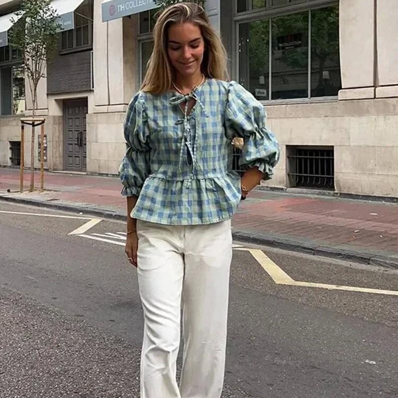 Рубашка в клетку с завязкой спереди и бантом, женская свободная, с круглым вырезом, с коротким рукавом, блузка, весна-лето, повседневные простые топы