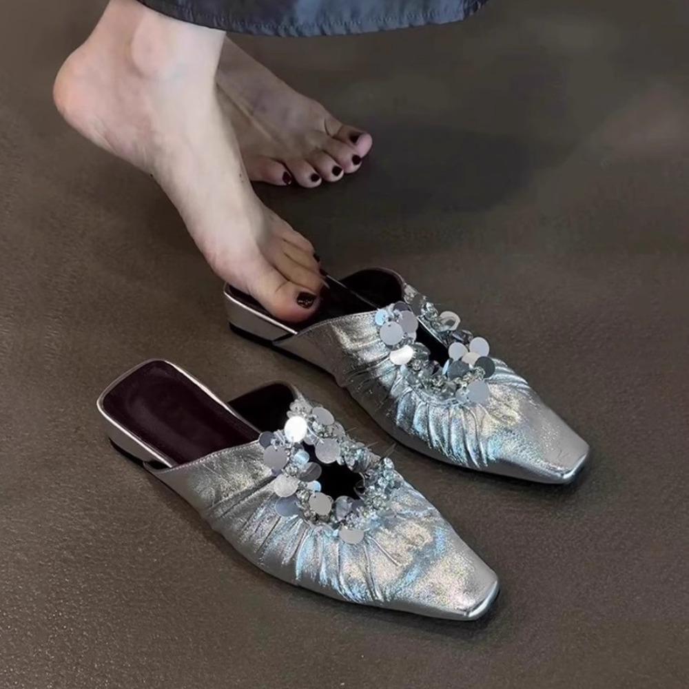 Женские туфли-мюли Блестящие балетки с квадратным носком Элегантные новые летние сандалии 2025 Платье Вечеринка Роскошные женские туфли-слингбэки Mujer