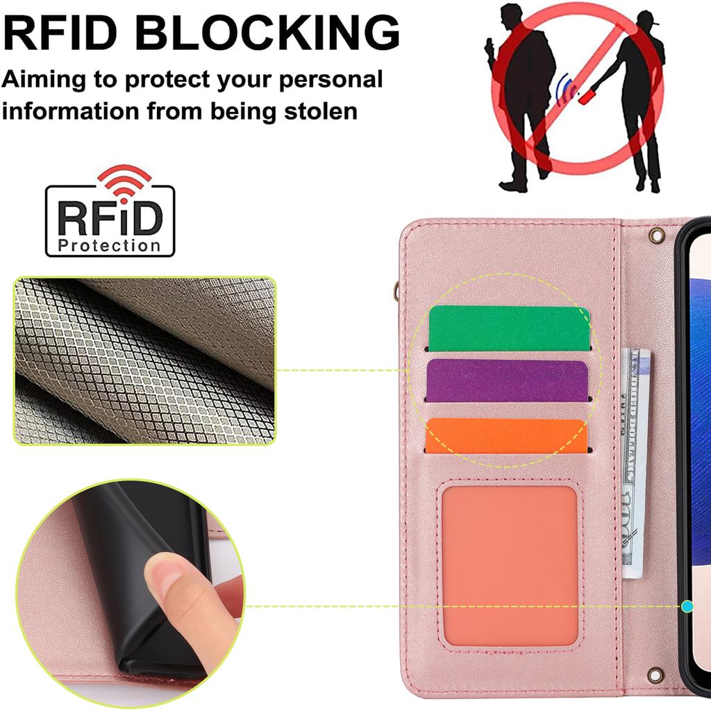 Multi Card Zippered Wallet with Short Hand Rope and Long Hanging Rope Phone Cover Case for iPhone Series/Samsung Series