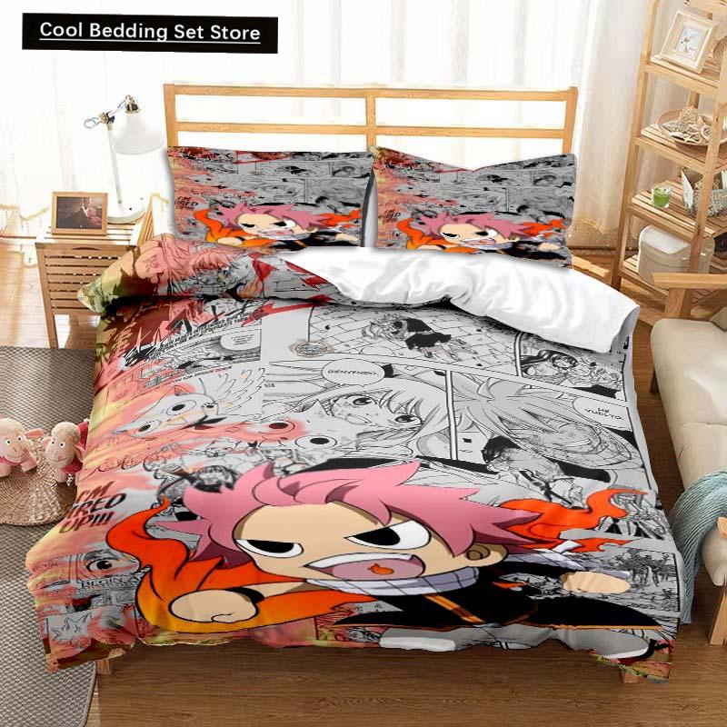 3D Anime Fairy Tail Bedding Set Bed Three-piece Set Duvet Cover Single Double Bed Queen Size Duvet Cover Set Adult Kid's Bedroom