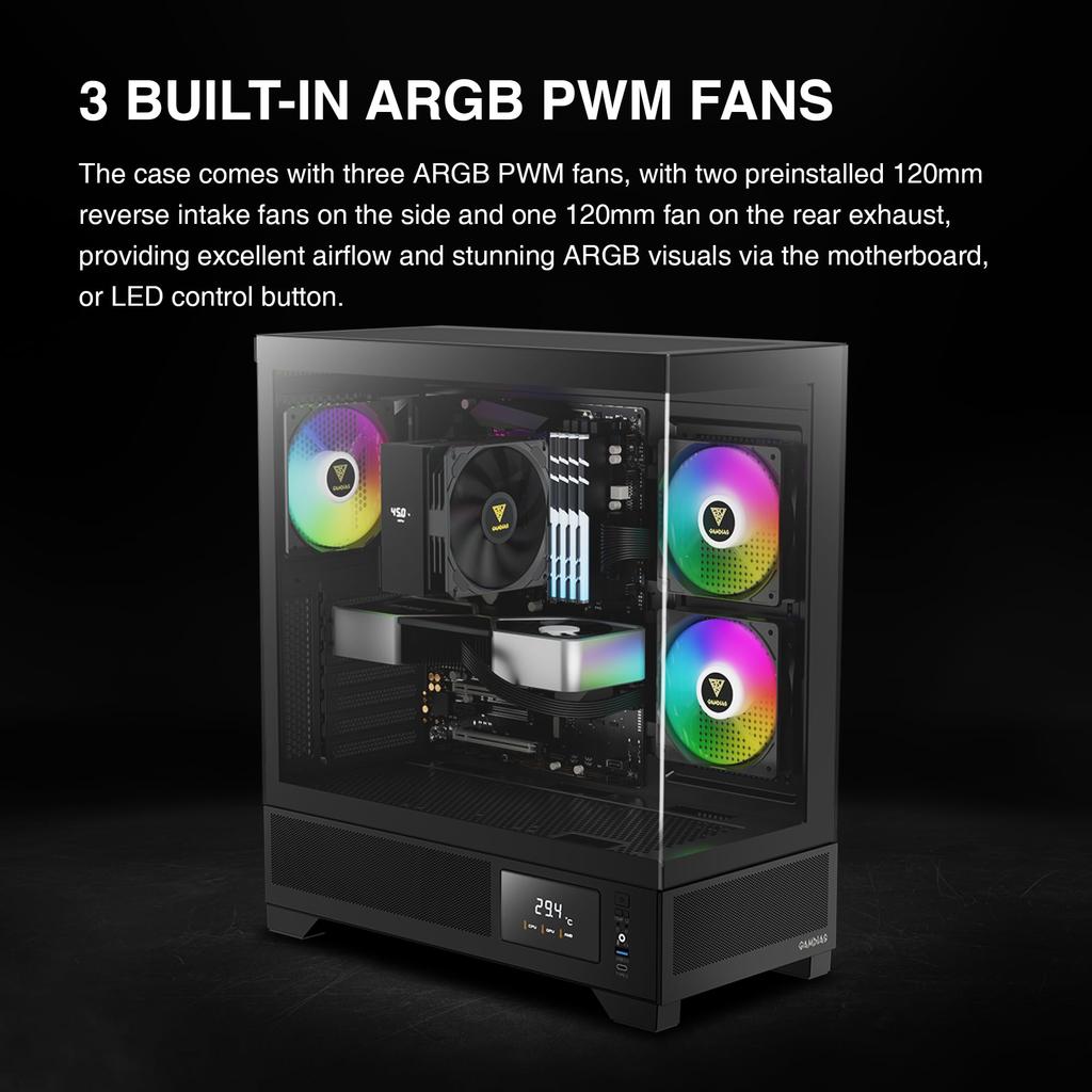 Совместимость с приложением GAMDIAS Gaming PC Case Display Изготовлен из закаленного стекла ATX Вентилятор 3x120 мм ARGB PWM Поддержка видеокарт до RTX 4000 410 мм Поддержка видеокарт до 360 мм