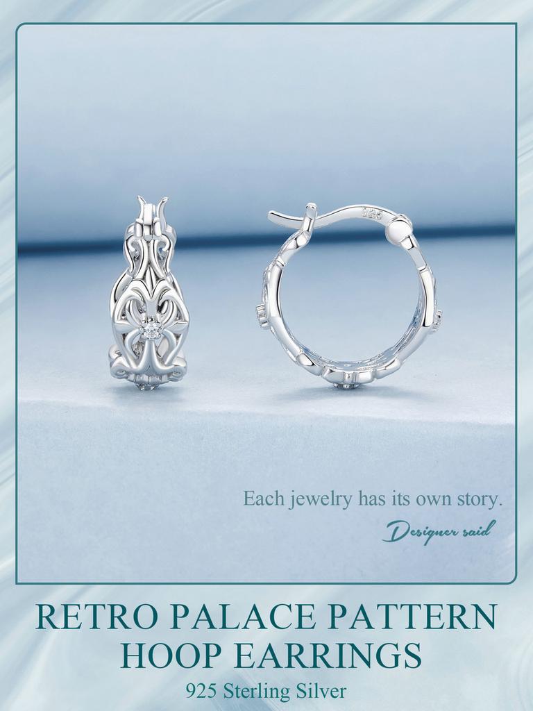 Bamoer 925 Sterling Silver Retro Palace Pattern Hoop Earrings Delicate Vintage Earrings For Women Fine Jewelry Party