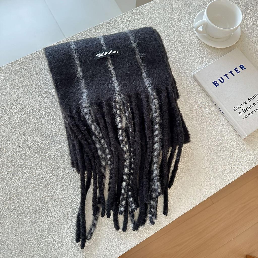 Wool blended striped fringed scarf female winter manufacturer wholesale thickened warm versatile knitted thickened scarf