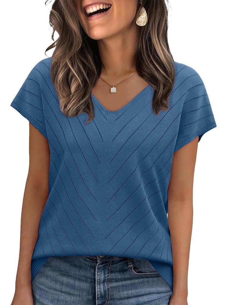 Летний горячий тренд 2026 года Пляжный отдых Короткий рукав V-образный вырез Ажурный повседневный вязаный свитер для женщин