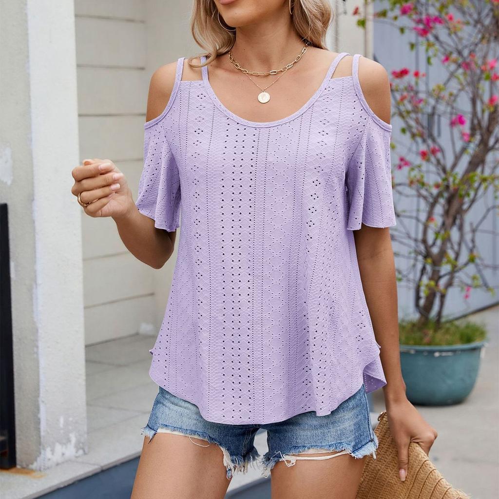 Женская мода однотонный ажурный короткий рукав круглый вырез повседневный пуловер футболка топ