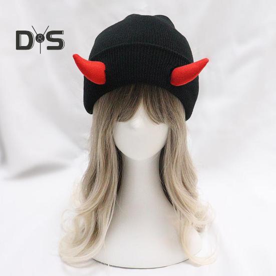 Вязаная шапка-бини с рогами дьявола, зимняя шапка-череп для мужчин и женщин с рогами для катания на лыжах в холодную погоду, теплая вязаная шапка ручной работы с рогами демона