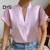 Женская рубашка с V-образным вырезом и воротником-стойкой, однобортная, с коротким рукавом, однотонная, шелковистая, гладкая, в деловом стиле, в деловом стиле, женская верхняя блузка