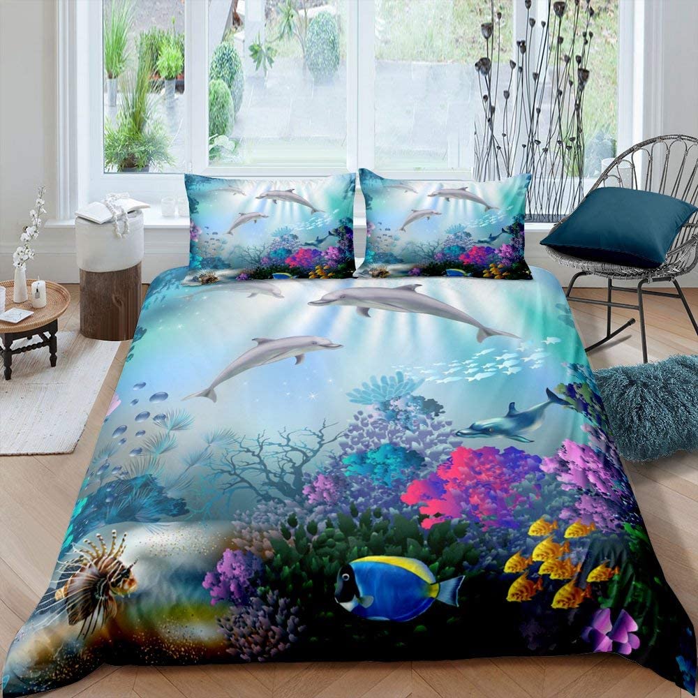 Dolphin Duvet Cover Set Cute Kawaii Wild Animals King Queen Full Size Polyester Bedding Set For Boys Girls Comforter Cover