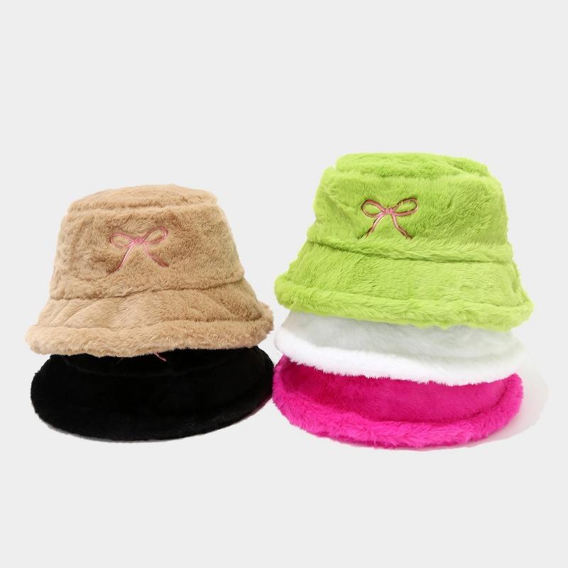 Women S Bow Embroidered Plush Bucket Hat Winter Outdoor Fashion Sun Hat