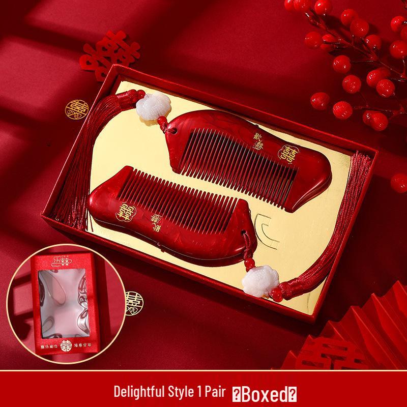 Бордовый Деревянный Свадебный Набор Расчесок с Зеркалом - Подарочная Коробка для Приданого Невесты