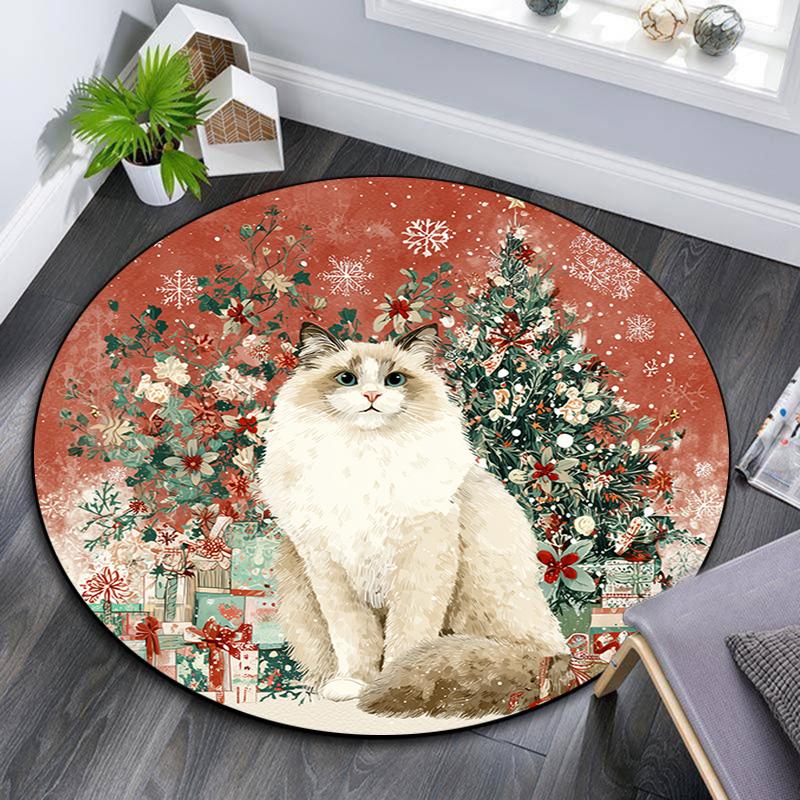 Christmas cat pattern round rug,Carpet Rug for Living Room Bedroom Playroom ,Non-slip Floor Mat,Holiday Gifts and Birthday Gifts.